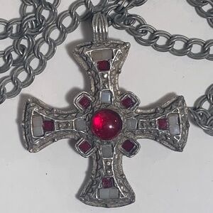 Miracle 1970s Silver Tone St. Cuthbert's Cross Celtic Pendant w/ Long 30" Chain